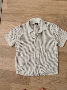 GAP Cream Open-Knit Short Sleeve Button-Up